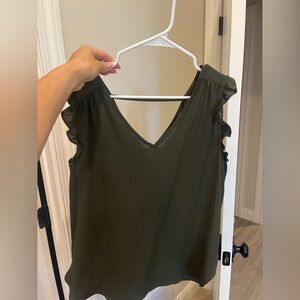 Olive Green V-Neck Ruffle Sleeve Blouse